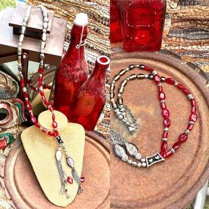 Romantic Red Christmas Holiday Glass Beaded Lariat Tassel Chico’s Long Necklace